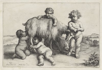 Cuatro niños, un sátiro y una cabra de pie a la derecha
Putti y sátiros (título de la serie) de Wenceslaus Hollar