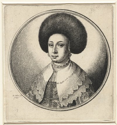 Mujer con cuello de encaje, aretes y gorro de piel. Bustos femeninos en marcos redondos (título de la serie) de Wenceslaus Hollar