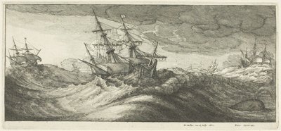 Buques de Guerra y una Ballena Eruptando de Wenceslaus Hollar