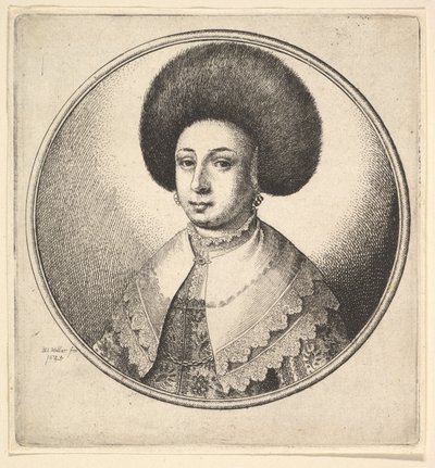 Mujer con gran sombrero circular de piel y pendientes, 1645 de Wenceslaus Hollar