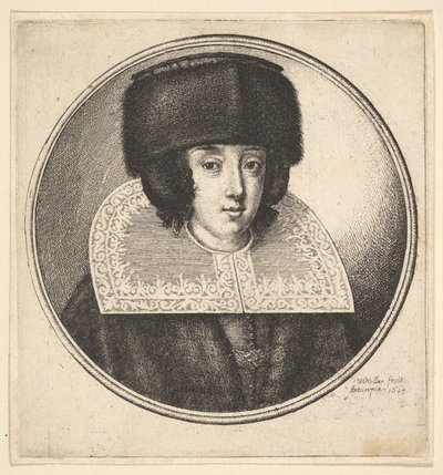 Mujer con cuello de encaje rígido y sombrero de piel de copa plana de Wenceslaus Hollar