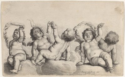 Tres Querubines y Dos Niños Cada Uno Levantando un Brazo en las Nubes de Wenceslaus Hollar, after Peeter van Avont