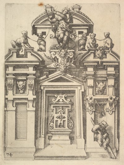 Diseño para una Estructura Arquitectónica con un Tema de Caza, Placa 74 del Ar... de Dietterlin, 1598 de Wendel Dietterlin the Elder