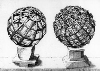 Ilustración en perspectiva, dos esferas, grabado de Perspectiva Corporum Regularium, de Wentzel Jamnitzer (1508-1585), Nuremberg. de Wenzel I Jamnitzer