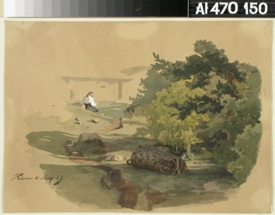 Landschaft mit Schindelkorb und sitzender Frau de Werner Holmberg