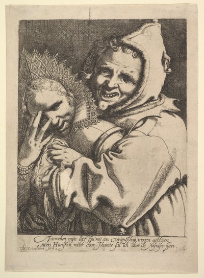 Tonto con una chica mirando a través de sus dedos de Werner Jacobsz. van den Valckert