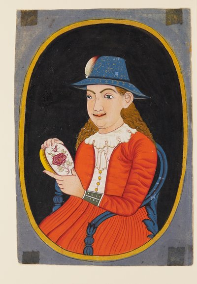 Mujer europea, probablemente holandesa, sosteniendo una caja esmaltada de West Indian School