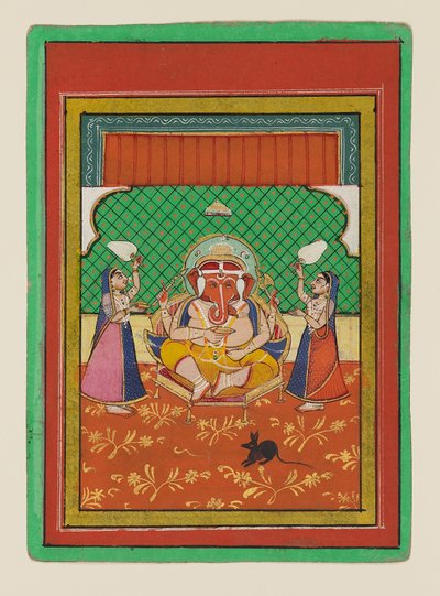 Ganesha sentado con acompañantes, finales del siglo XIX-principios del XX (gouache sobre papel) de West Indian School