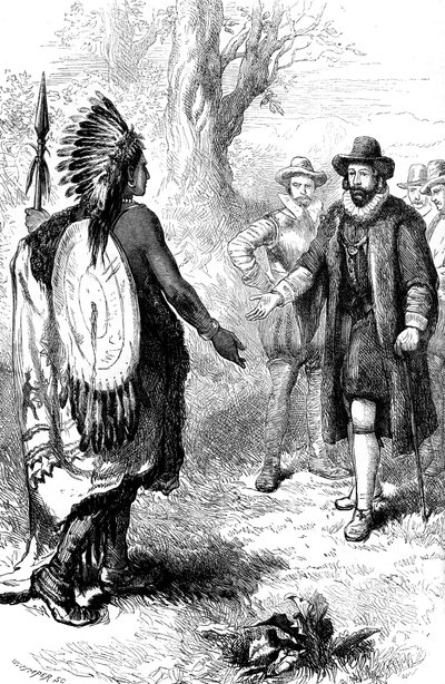 Recepción de un guerrero Narragansett por John Winthrop, Massachusetts, c1630s c1880 de Whymper