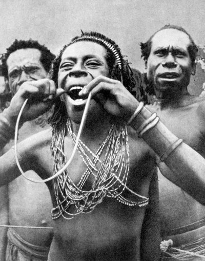 Tragando cañas en un ritual ceremonial, Nueva Guinea, 1936 de Wide World Photos