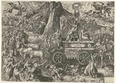 De triunfowagen van de vrede, 1577 Dibujo de una paz triunfante (título sobre objeto) de Wierix