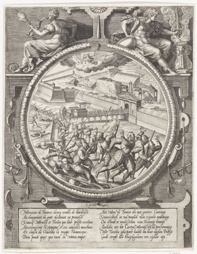 Las tropas de Bourse expulsan a los soldados alemanes de Treslong y Merville de la ciudadela, 1577 Medallones con la captura de la ciudadela de Amberes en 1577 (título de la serie) de Wierix