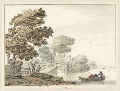 Paisaje con un puente de madera y árboles a lo largo de un canal de Wigerus Vitringa