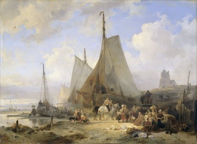 Barcos de pesca en la playa con pescadores y mujeres clasificando las capturas de Wijnand Nuijen