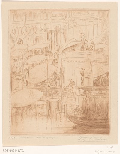 Hombres y mujeres bañándose y rezando a orillas del Ganges en Benarés
Bañarse y rezar (título original)
En el Ganges (título en el objeto) de Wijnand Otto Jan Nieuwenkamp (signed by artist)