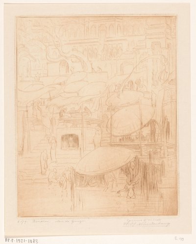 Hombres y mujeres bañándose y rezando a orillas del Ganges en Benarés
Rezar y bañarse (título original)
En el Ganges (título en el objeto) de Wijnand Otto Jan Nieuwenkamp (signed by artist)