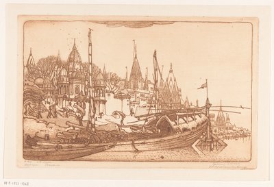 Barco con leña a orillas del Ganges en Benarés
Barco con leña, Benarés (título original)
Barcos, Benarés (título en el objeto) de Wijnand Otto Jan Nieuwenkamp (signed by artist)
