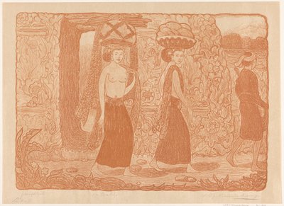 Mujeres portando objetos en la cabeza en un templo de Bali
En un templo, Bali (título original)
En Bali (título en el objeto) de Wijnand Otto Jan Nieuwenkamp (signed by artist)