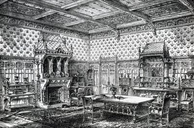 Diseño para un comedor gótico, publicado en The House-Furnisher & Decorator, 1 de septiembre de 1872 de Wilberforce Haddon