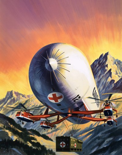 Una combinación futurista de helicópteros y dirigibles utilizados para transportar grandes cargas. de Wilf (20th century) Hardy