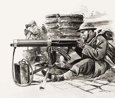 Ametrallador británico esperando a los alemanes a las afueras de Dunkerque (gouache sobre papel) de Wilf (20th century) Hardy