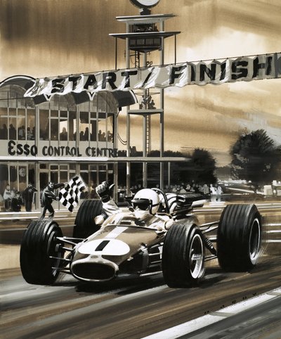 Jack Brabham hace la señal del pulgar hacia arriba al ganar el primer Gran Premio de Canadá de la historia de Wilf (20th century) Hardy