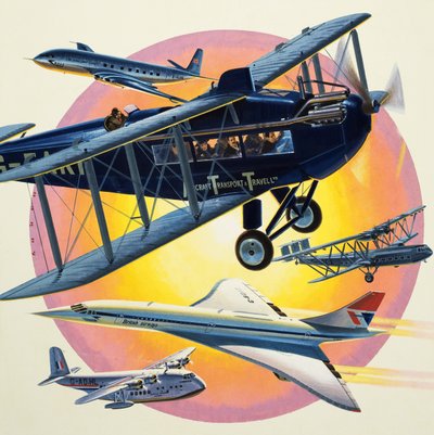 Montaje de aviones de pasajeros, incluido el Concorde (gouache sobre papel) de Wilf (20th century) Hardy