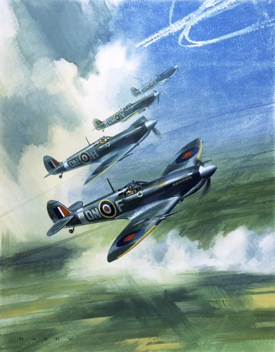Vuelo de patrulla del 416 Squadron, Royal Canadian Air Force, Spitfire Mark 9s (gouache sobre papel) de Wilf (20th century) Hardy