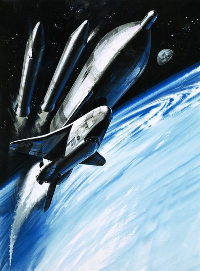 El transbordador espacial en el momento de desprenderse de dos de sus motores cohete. de Wilf (20th century) Hardy