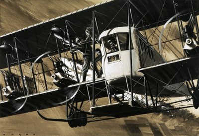 Dos tripulantes entre los cables y puntales de un bombardero Ilia Mourometz II apagando un incendio en el motor. de Wilf (20th century) Hardy