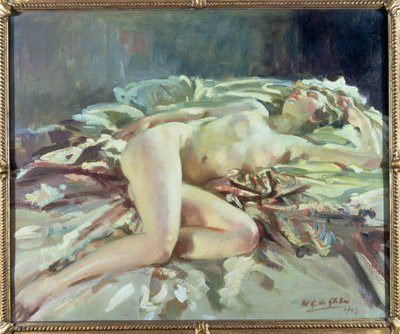 Desnudo femenino recostado en una cama de Wilfred Gabriel de Glehn