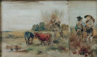 Doble imagen: Vacas en el prado, dos campesinos conversando de Wilhelm Busch