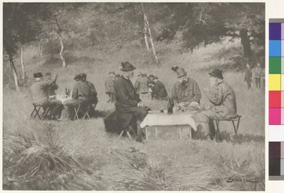 Fiesta de caza - El emperador Francisco José a la mesa con el príncipe Leopoldo de Baviera y el gran duque Fernando IV de Toscana de Wilhelm Gause