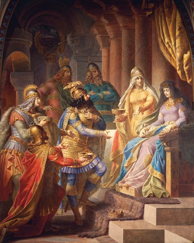 Gudrun consiente en casarse con Atila, Rey de los Hunos, de la Saga de Gudrun, Salón Superior, c.1883-84 de Wilhelm Hauschild
