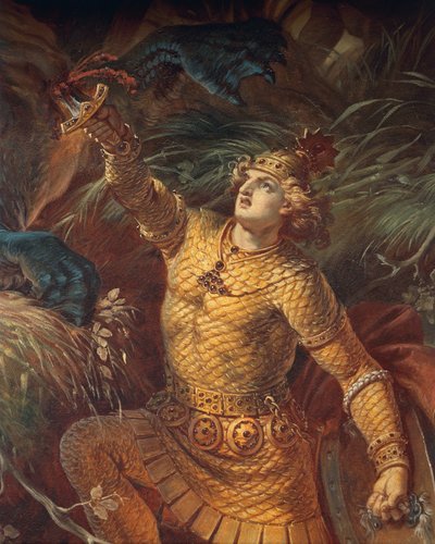Sigurd matando al dragón Fafuir sosteniendo la espada Gram, detalle, de la Saga de Sigurd, Sala Baja, c.1882-83 (mural) (véase también 419035) de Wilhelm Hauschild