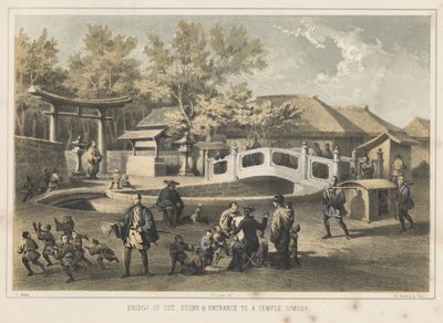 Puente de piedra cortada y entrada a un templo, Simoda, 1855 de Wilhelm Joseph Heine