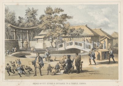 Puente de piedra cortada y entrada a un templo, Simoda, 1855 de Wilhelm Joseph Heine
