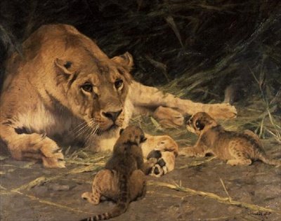 Una leona y sus cachorros de Wilhelm Kuhnert