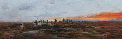 Caravana en la luz del atardecer en el abrevadero de Wilhelm Kuhnert
