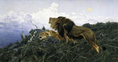 Leones al anochecer de Wilhelm Kuhnert