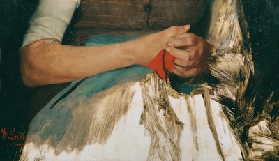 Dos manos con paño rojo sobre delantal azul. de Wilhelm Maria Hubertus Leibl