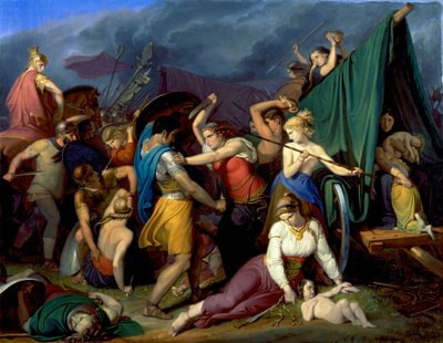 Las mujeres de Cimbri defendiendo su castillo de carretas contra los romanos. de Wilhelm Lindenschmit der Ältere