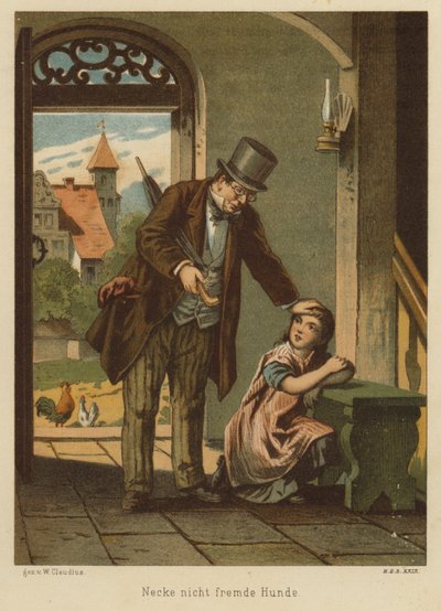 Padre consolando a su hija después de que ella sufriera las consecuencias de burlarse de un perro (litografia de color) de Wilhelm Ludwig Heinrich Claudius