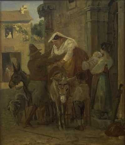Una mujer romana robusta siendo ayudada a subir a un burro de Wilhelm Marstrand