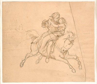 El rapto. Pareja a caballo, castillo o fortaleza en el fondo de Wilhelm Marstrand