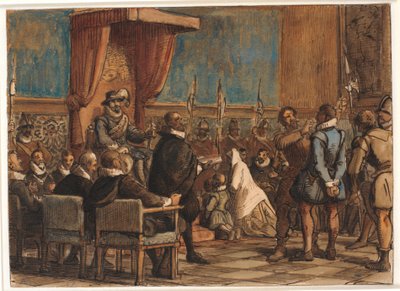 Cristiano IV ordena al verdugo quitar la cadena de la orden y la espada al falsificador Christopher Rosenkrantz de Wilhelm Marstrand