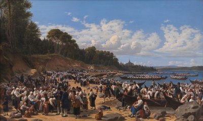 Feligreses llegando en bote a la iglesia parroquial de Leksand en el lago Siljan, Suecia de Wilhelm Marstrand