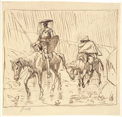 Don Quijote y Sancho Panza cabalgando bajo la lluvia de Wilhelm Marstrand