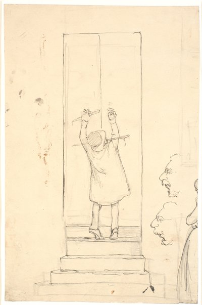 Un hombre pequeño se pone de puntillas para abrir una puerta con cerrojo. Boceto de perfiles y mujer de Wilhelm Marstrand