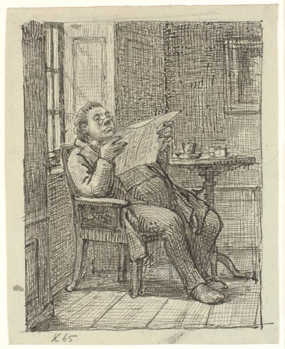 Un hombre gordo leyendo el periódico con su café de Wilhelm Marstrand